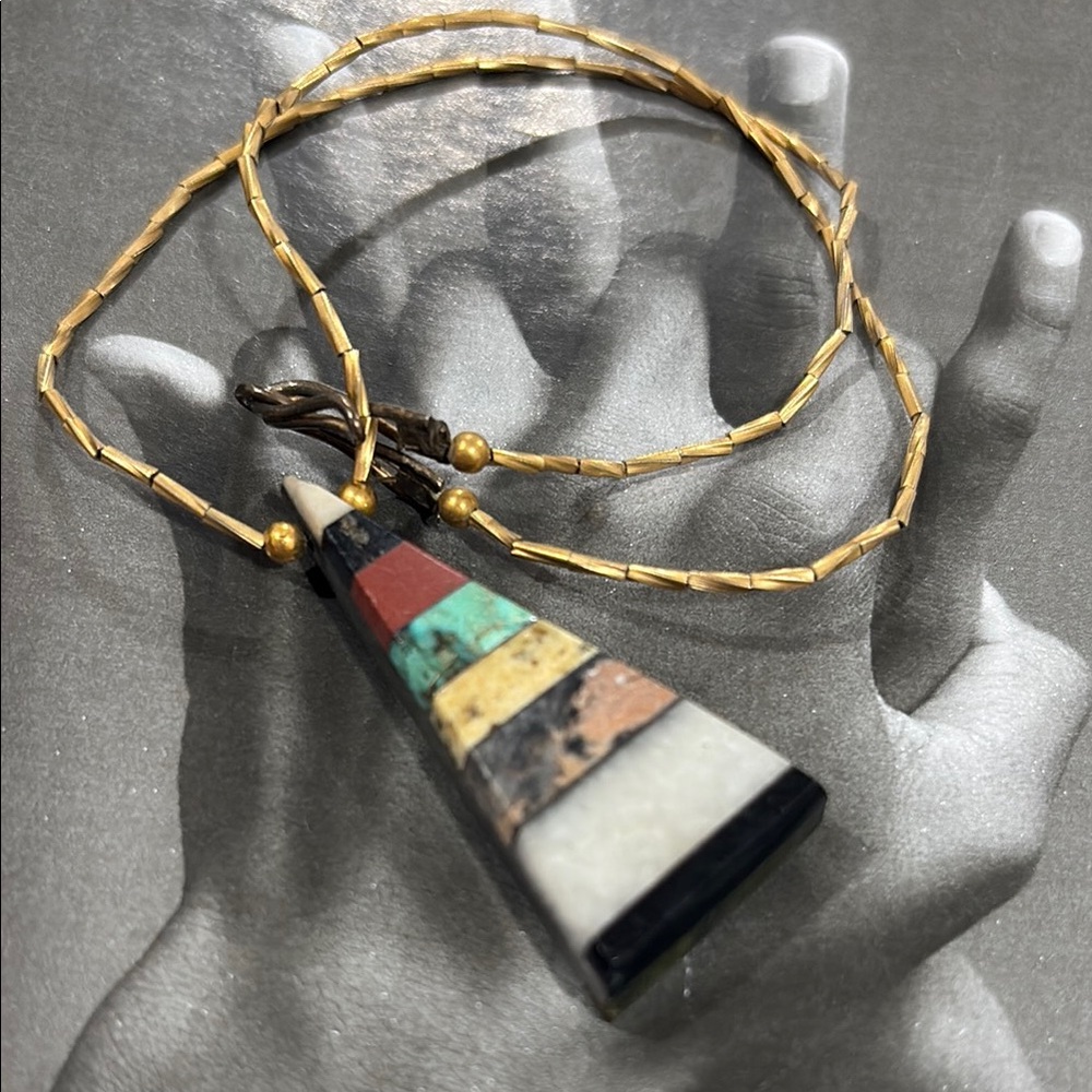 Estate Vintage Santo Domingo Multi Stone Inlay Triangle Pendant Necklace